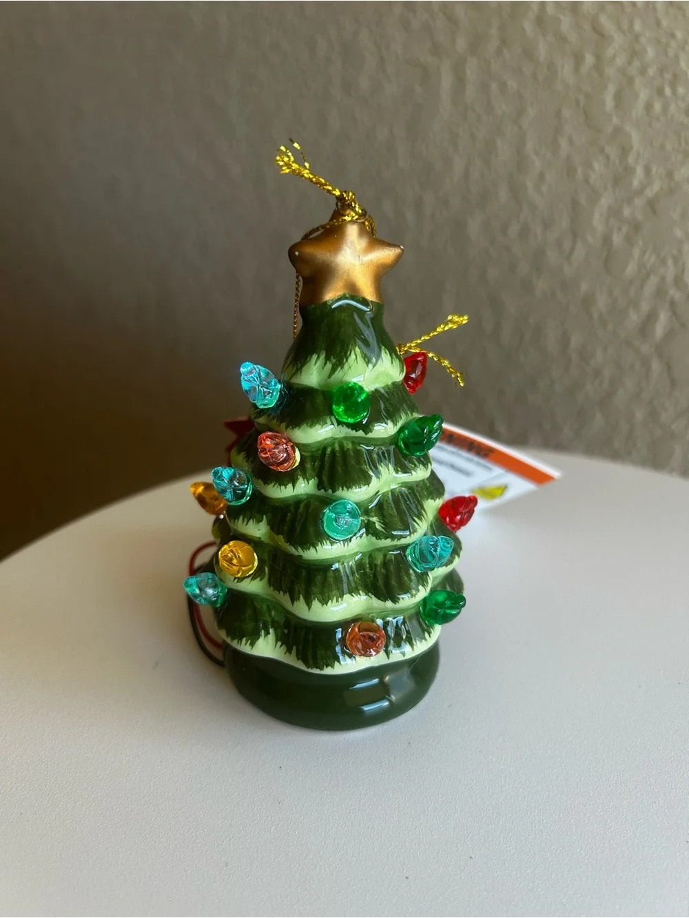 Green Ceramic Christmas Tree Ornament with Multicolored Lights